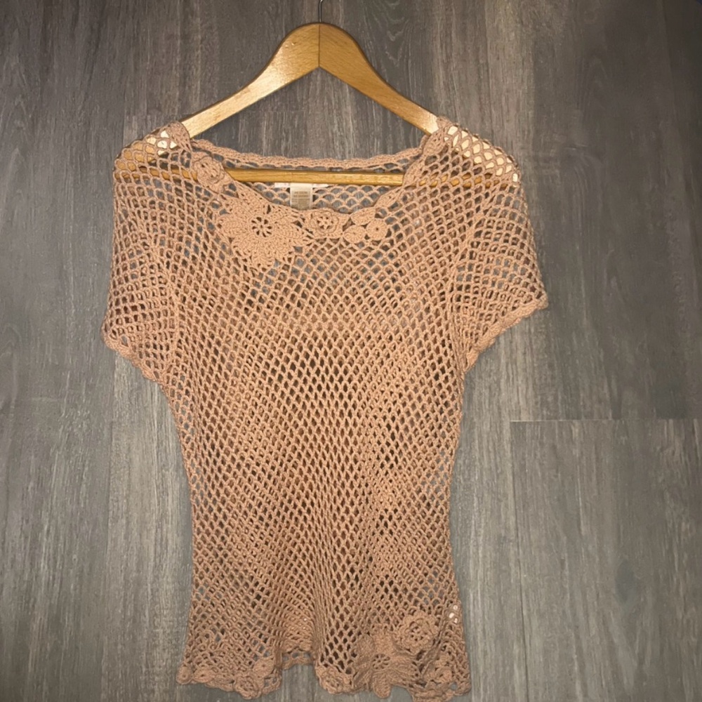 Christie & Jill Linen Cotton Crochet Top Boho Neutral Size Medium